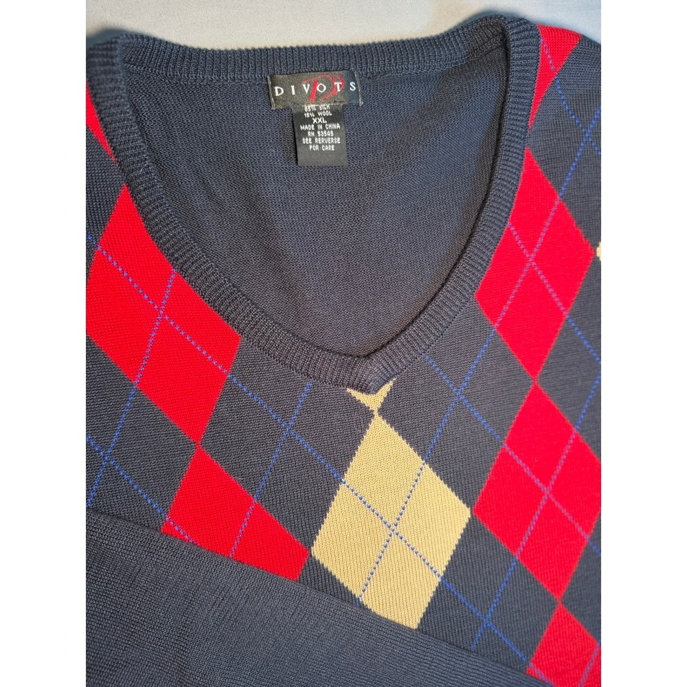 Divots Mens XXL Argyle V-Neck Sweater Silk Wool Blend Navy Red Tan Long Sleeve